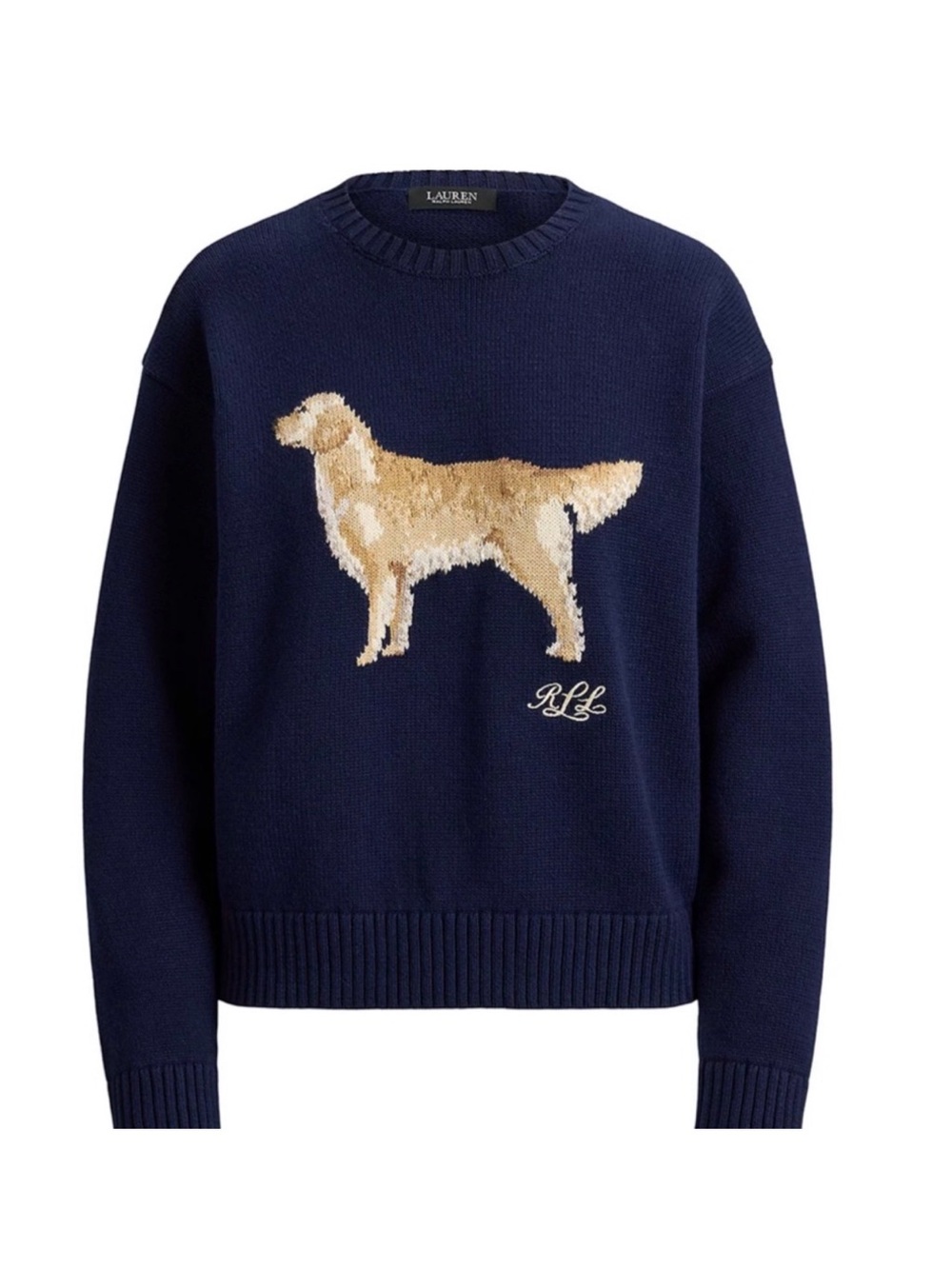 NWT Lauren Ralph Lauren Navy Sweater with Golden Retriever Motif